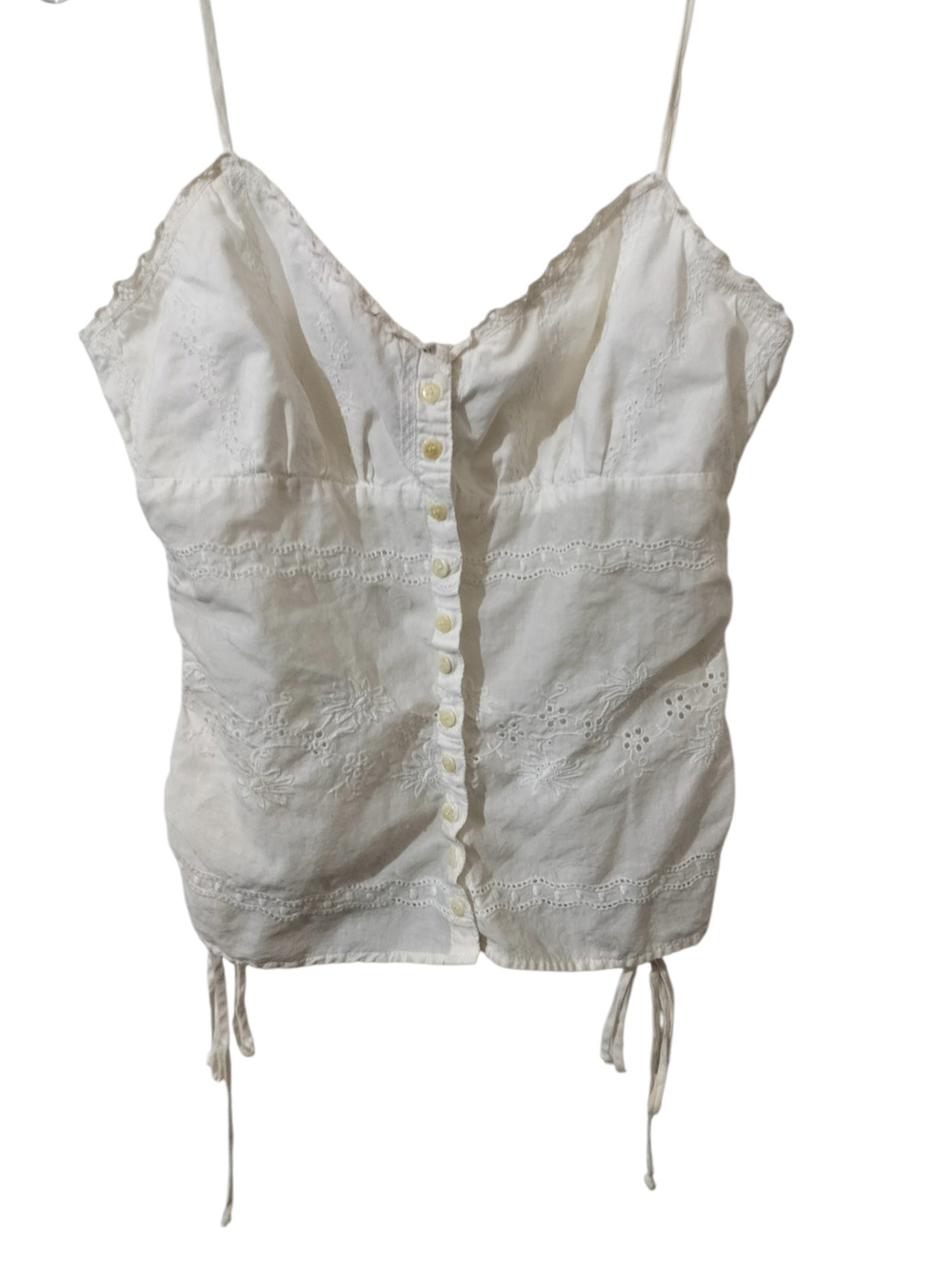 6029)Y2K FANG White Cotton Fairy Cottagecore Eyelet Button Front Camisole Large